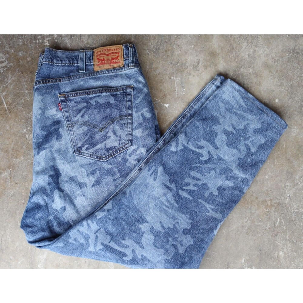 READ Levi's 541 Athletic Taper Jeans Mens 42x32 Blue Camo Denim Stretch Y2K